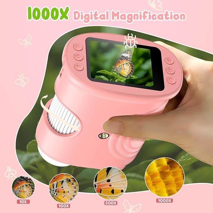 1000X Handheld Digital Microscope for Kids: Pocket Microscope with 2.0" IPS Screen - STEM Toys Birthday Gifts for Girls Boys - Portable Edu Science Kits Toddler Age 3-6 6-12 Pink