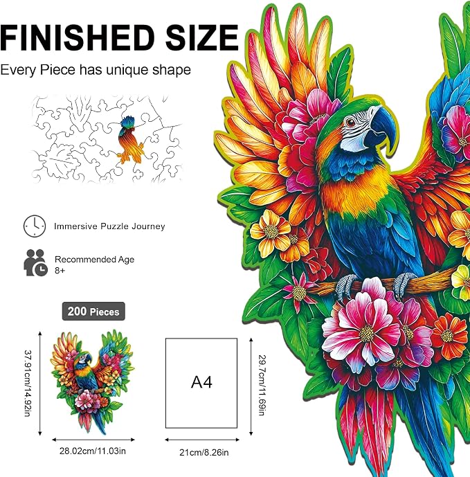 Wooden Puzzles for Adults Floral-Winged Parrot Puzzle - Laser-Cut Unique Shaped Stress Relief Jigsaw Puzzle, Wall Art Home Decor Gift for Family, Christmas Thanksgiving Gifts (14.9"×11.1" 200pcs)
