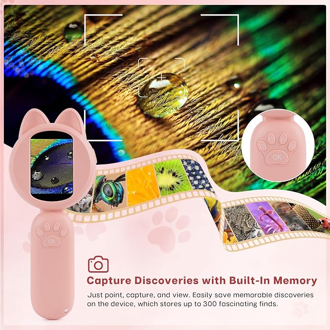 Mia Kids Microscope, Mini Digital Microscope for Kids with 2'' IPS Screen, Handheld Mini Scope Educational Science Toy Kit, Christmas/Birthday Gifts for Kids Aged 3-6,7-12 (Pink)