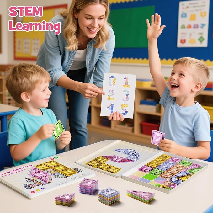 Clear Crystal Glitter Magnetic Tiles: Diamond Building Blocks for Kids | 60PCS Metal Storage Box, Compatible With Most Tile Sets, Strong Magnets, Ages 4-8, 60+ Mins Play Travel & Home Fun