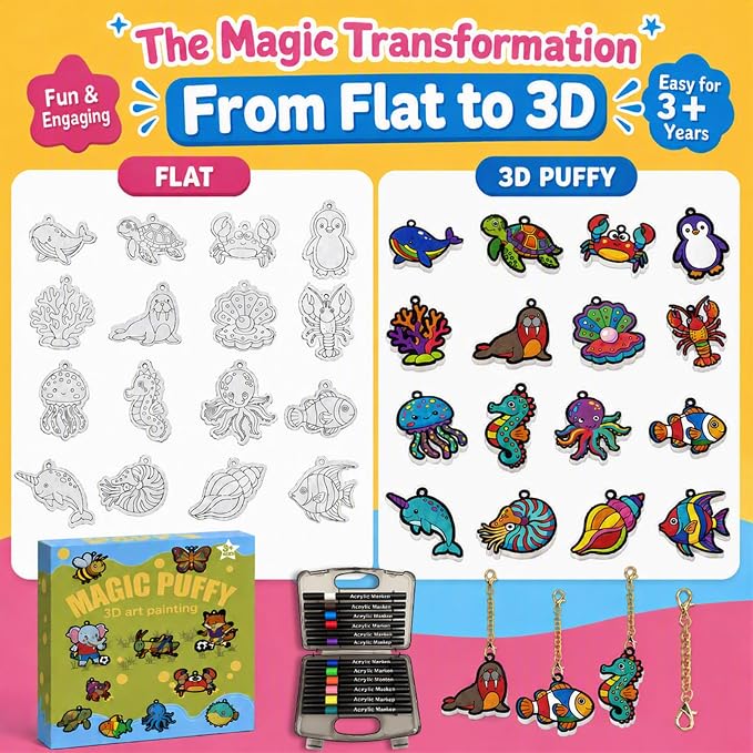 MWOMGLP Magic Foam Texture Painting Kit, 16 Pack DIY Puffy Foam Art Craft Set for Kids, 3D Sensory Painting Paper with Colorful Foam Sheets, Creative Gift for Boys Girls Ages 3+(Marine Animal)