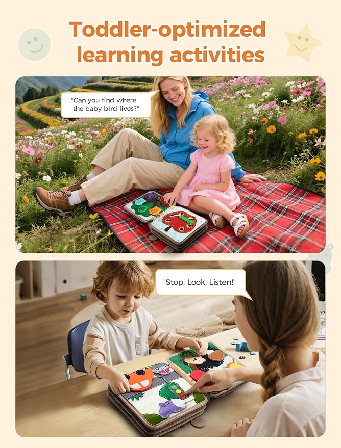 BizyKoady Busy Book for Toddlers 1-3, Montessori Toys for 1 Year Old, Kids Travel Toys, Educational Activity Book, Birthday Gifts for Boys & Girls, Washable Felt Busy Board, Giraffe