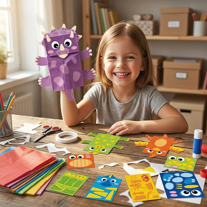 WATINC Hand Puppet Making Kit, Paper Sock Puppet Toys for Kids (Dinosaur) | 9 Styles, Make Your Own Storytelling & Role Play Crafts, Creative Group Activity, Party Favors & Gifts for Kids Ages 4-8