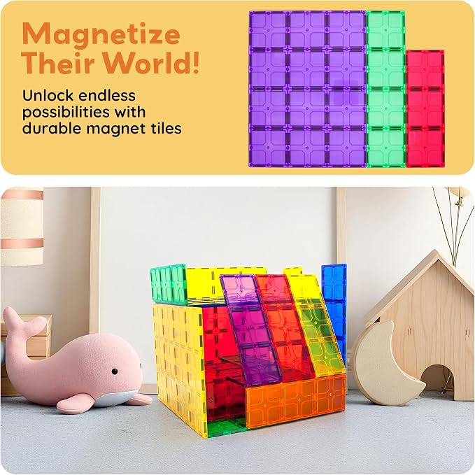 PicassoTiles 28 Piece Large Magnetic Tiles, Stabilizer STEM Set for Kids 3+ | Doubles as foundation, column, pillar support, extra strong magnets, vivid clear colors, safe creative preschool play time
