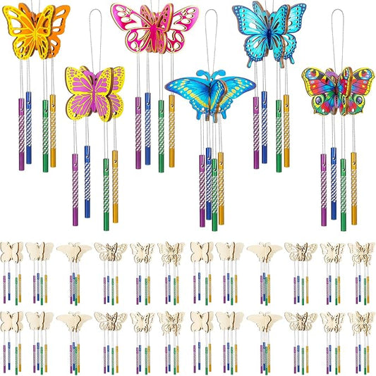 Leinuosen 30 Pcs Wind Chime Kit Make Your Own Butterfly Windchimes for Kids | Butterfly Crafts Decorative DIY Coloring Wooden Crafts for Spring Summer Party Art Activities Garden Home Patio Decorations