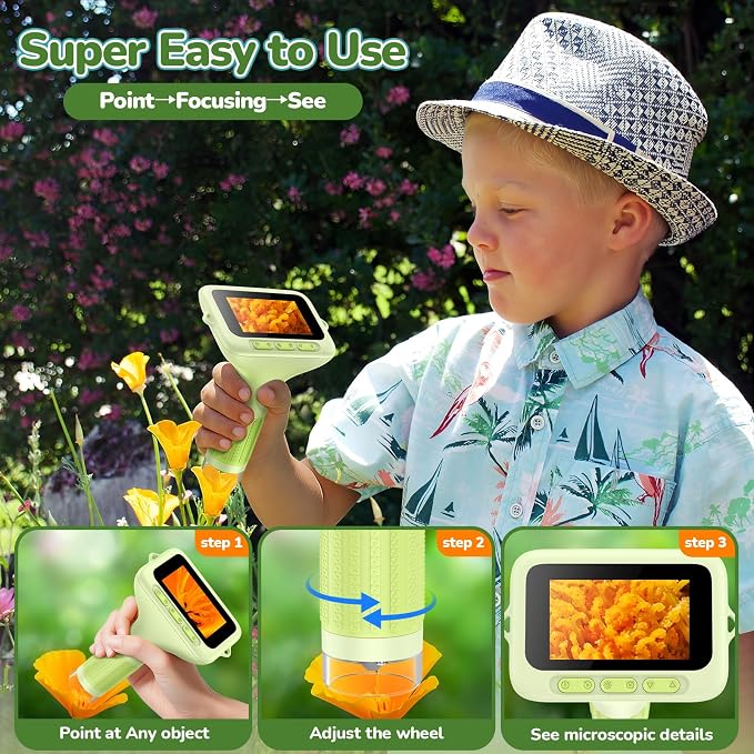 Kids Digital Microscope with 3-Inch Screen: STEM Toy Science Gift Ages 4-12 | 32GB Card, 1000X Zoom, Rechargeable, Photo/Video, Connect to PC, 8 LEDs, 6 Brightness Levels, One-Touch Capture