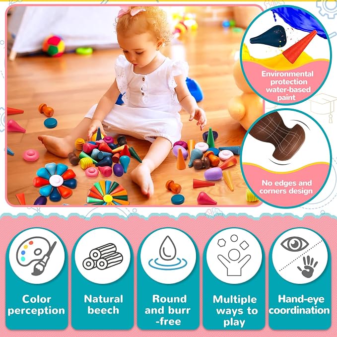 Chivao Loose Parts Play Materials Set, Wooden Mandala Toys Kit,162 Pcs | Wood Sensory Play Toys, 27 Rainbow Colors, 7 Shapes Loose Parts, Teens, Students, Early Learning Materials