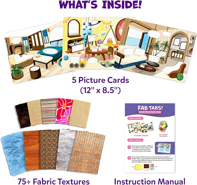 Skillmatics Fab Tabs – Dream Home, 3D Sensory Fabric Art, Sewing Craft Kit | Peel & Stick Sticker Activity, Mess-Free Play, Travel Toy, Gifts for Boys & Girls Ages 4, 5, 6, 7, 8, 9