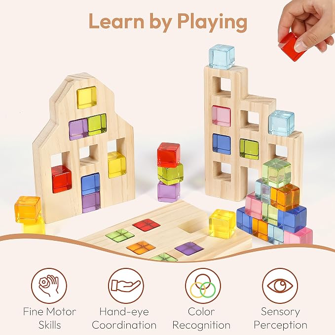 Woodtoe 36 PCS Rainbow Acrylic Gem Blocks, Wooden Blocks for Kids Ages 3-6 | Montessori Stacking Toy, Educational STEM Activity, Creative Construction Play, Includes 3 Wood House, Gift for Boys Girls