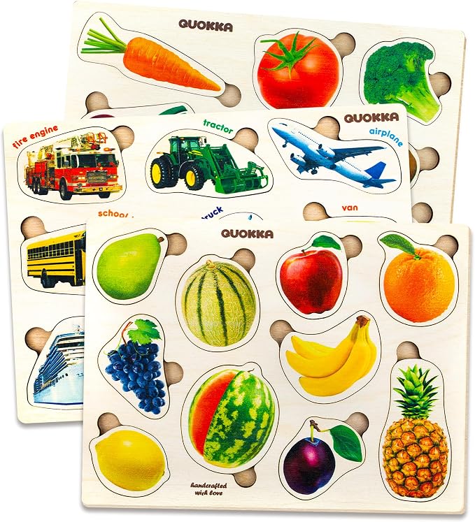 Wooden Puzzles for Toddlers 1-3 - 3 Montessori Kids Puzzles Ages 2-4 | Educational Realistic Wood Toddlers Puzzles ages 3-5 — Learning Fruits, Cars and Vegetables for Boy and Girl