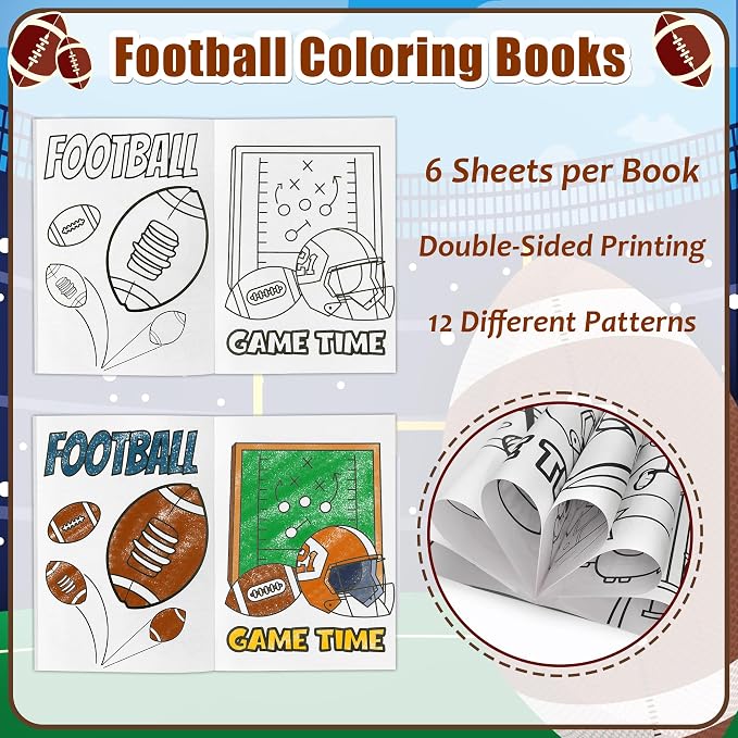 24Pcs Football Coloring Books Sport Themed DIY Color-in Pages | Football Helmet Glove Trophy, Drawing Booklet Bulk, Party Favors, Gifts, Classroom Reward, School Supplies, Art Activity
