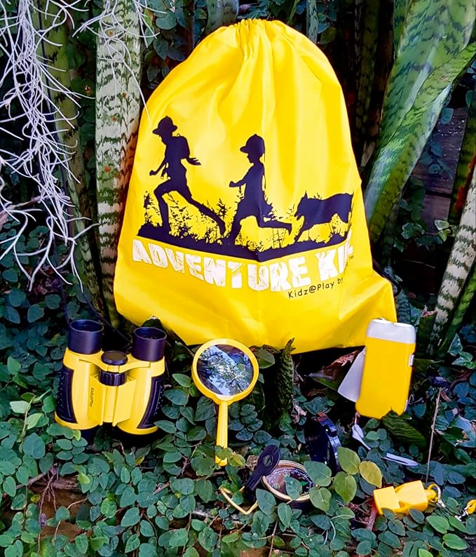 Adventure Kidz Yellow Outdoor Exploration Kit for Children | Binoculars, Flashlight, Compass, Fox Whistle & Magnifying Glass, Backpack Included