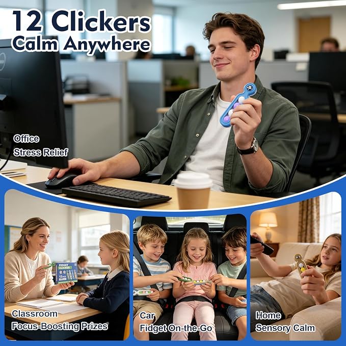 Fidget Toys Adults Stress Relief: 12 Pack Fidget Clicker for ADHD Focus | Sensory Toys for Autism Kids Calming - ADHD Tools Desk Fidgets for Classroom - Cool Office Gadgets Gifts for Teen Women Men