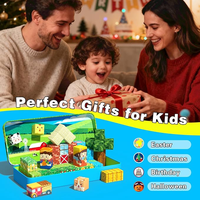 Mini Magnetic Blocks, Magnet Building Cubes, Farm Animal Travel Outdoors Toys with Portable Iron Box, STEM Montessori Sensory Educational Toys for Toddlers, Gift for Kids Ages 3-8 Boys & Girls