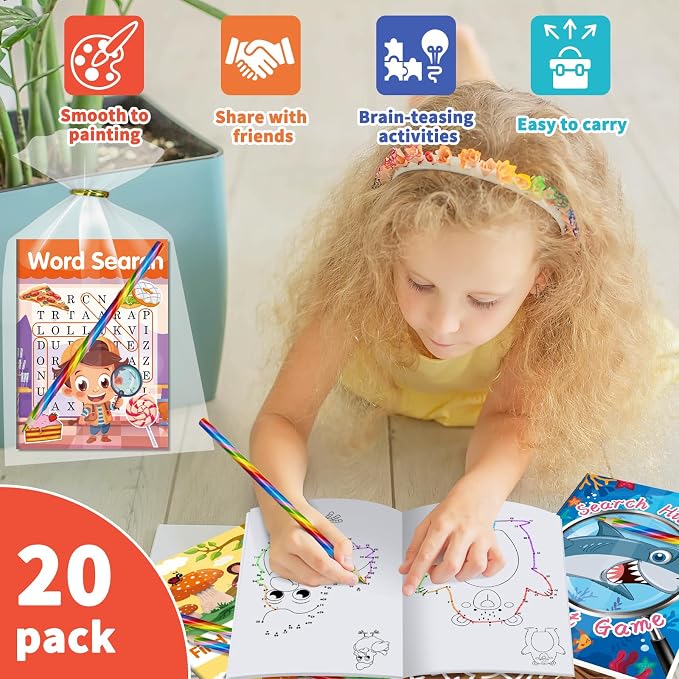 Elfew 20 Pack Activity Books Party Favors Set for Kids Ages 4-8 8-12 | 20 Colored Pencils & Gift Bags, Bulk Small Puzzles Books for Birthday Gift, Classroom Rewards, Party Goodie Bags Stuffers