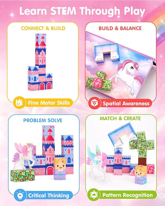 hahaland Unicorn Magnetic Blocks Travel Set Toy for Kids Ages 3-8, 50 Pcs | Includes Portable Magnetic Case, 2 Unicorn Figures, Magnetic Wand, 46 Pcs Mini Magnetic Cubes, Castle STEM Building Toy