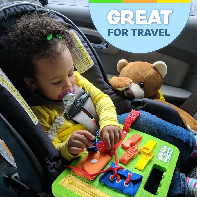 Buckle Toys, Busy Board, Green, Montessori Learning Toy for Toddlers | Great for kids as an Airplane Activity or on The Go, Foam Sensory Board, Develop Fine Motor Skills