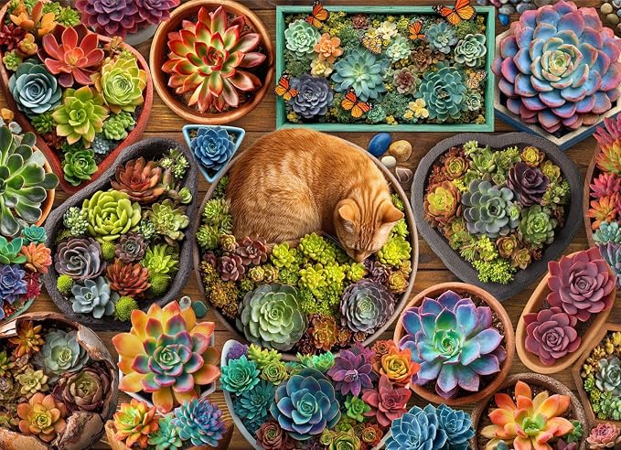 200 Pieces Jigsaw Puzzles for Kids and Adults-Succulent and Cat Puzzle | 200 Large Pieces 15" x 19" Jigsaw Puzzles,Puzzles for Kids Ages 6-12,Casual Entertainment Toys for Kids Teens Seniors