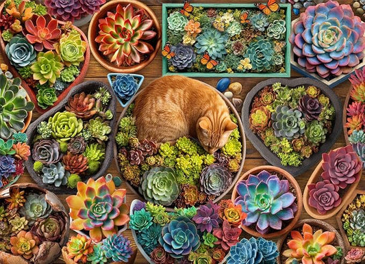 200 Pieces Jigsaw Puzzles for Kids and Adults-Succulent and Cat Puzzle | 200 Large Pieces 15" x 19" Jigsaw Puzzles,Puzzles for Kids Ages 6-12,Casual Entertainment Toys for Kids Teens Seniors