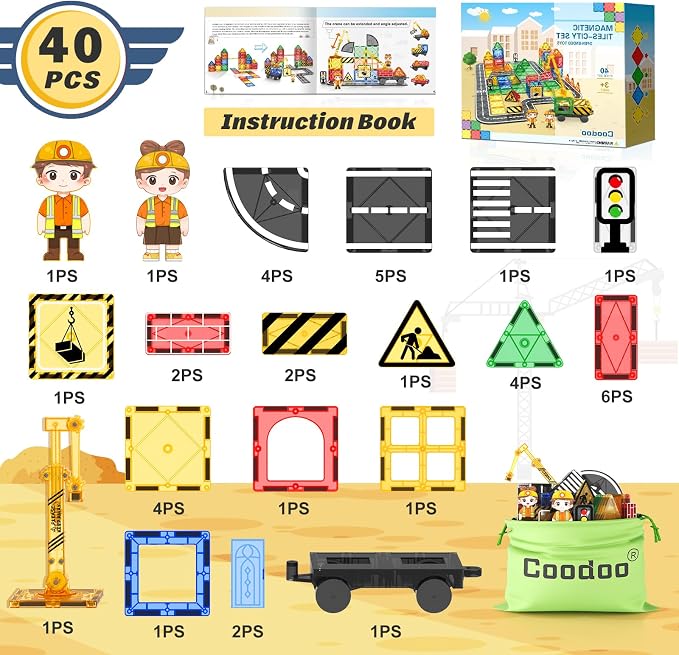 Kids Games Magnetic Tiles Road Set with Extendable Crane Magnetic Blocks | City Construction Building Toys for Toddlers STEM Preschool Ages 4-6 5-7, Gifts for 3+ Year Old Boys Girls Kids Toys with Car