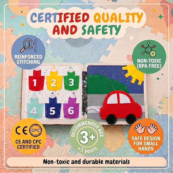 LUMS Busy Book for Toddlers 1-3 - Montessori Busy Board, Toddler Activity Book Ages 2-4, Felt Quiet Sensory Learning Travel Toy for 1 Year Old, Car & Airplane Rides