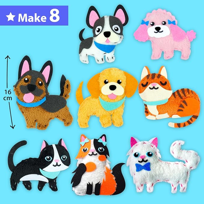 KRAFUN Puppy & Kitten Sewing Kit for Kids Ages 6+ | 8 Dolls | Sew 8 dog & cat stuffed dolls. Instructions & felt included. Great beginner gift for girls & boys learning to sew