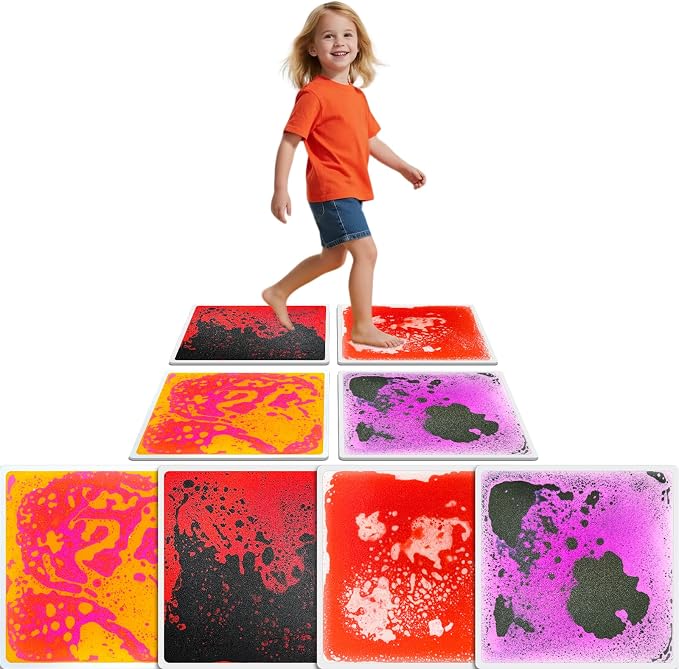 Sensory Floor Tiles for Kids: 12" Liquid Sensory Mats, 4 Pack | Dynamic Color Flow for Visual Tracking, Calm Corners, Autism Sensory Play, Classroom Activities, and Stepping Games