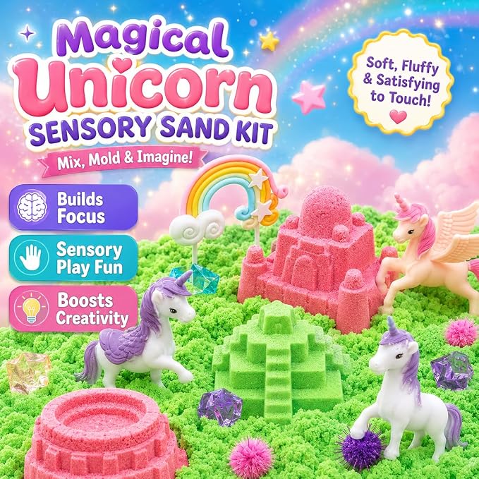 Carolart Unicorn Sensory Bin, Sand Box Kit with Sensory Sand for Girls | Unicorn sand kit , Sensory kit with castle molds and storage bin for creative play, girls gifts for toddlers ages 3+