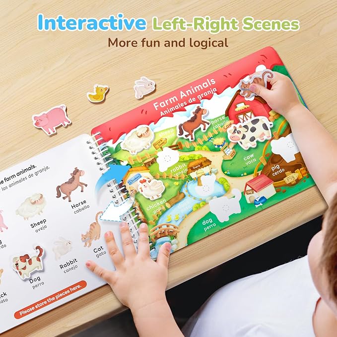 JoyCat Preschool Busy Book for Toddlers Ages 3-5, English and Spanish | 15 reusable themes with letters, numbers, colors and matching as autism learning material for home, class or travel