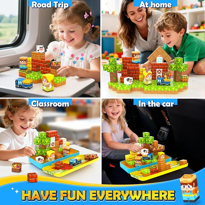 Magnetic Blocks Travel Toddler Toys Magnet Building Tiles STEM Sensory Toys | Construction Cubes Educational Toys with Portable Box, Christmas Birthday Kids Gifts for Boys Girls Ages 3-5 5-7 4-8
