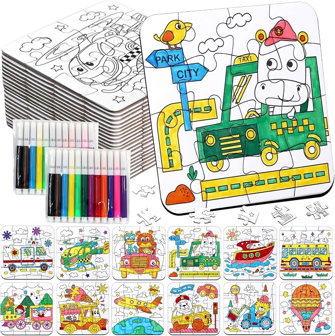 Transportation Puzzle Craft for Kids-Train Party Favors DIY Activities Toys | 24Pcs Color Your Own Car Blank Jigsaw, Fall Classroom Gift for Toddlers & Adults Art Party Favors Coloring Game Supplies Bulk