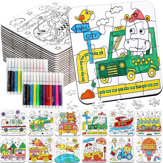 Transportation Puzzle Craft for Kids-Train Party Favors DIY Activities Toys | 24Pcs Color Your Own Car Blank Jigsaw, Fall Classroom Gift for Toddlers & Adults Art Party Favors Coloring Game Supplies Bulk