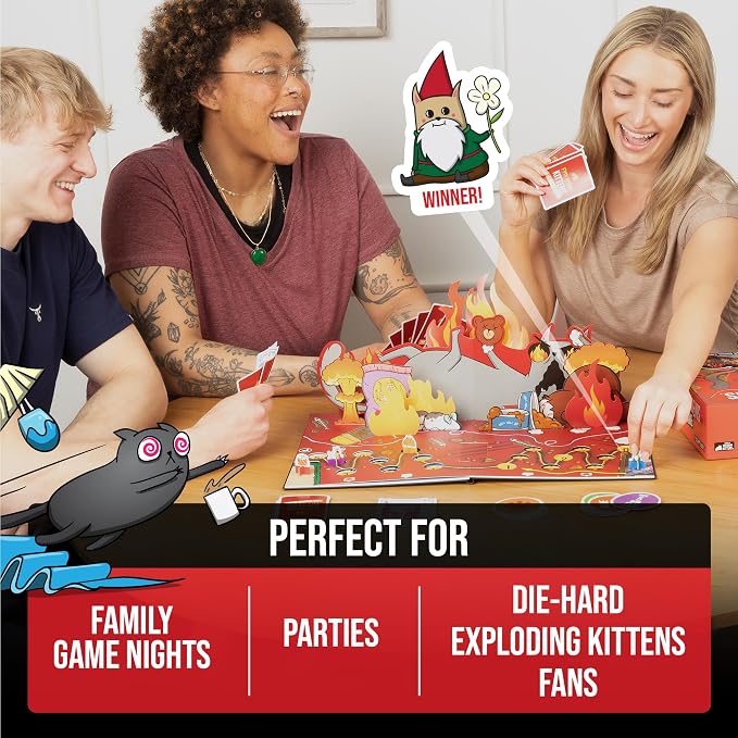 Exploding Kittens The Board Game, 2-6 Players, Age 7+ | One of the bestselling card games of all time is now a board game! Flip the pop-up board, strategize, sabotage, and surprise.