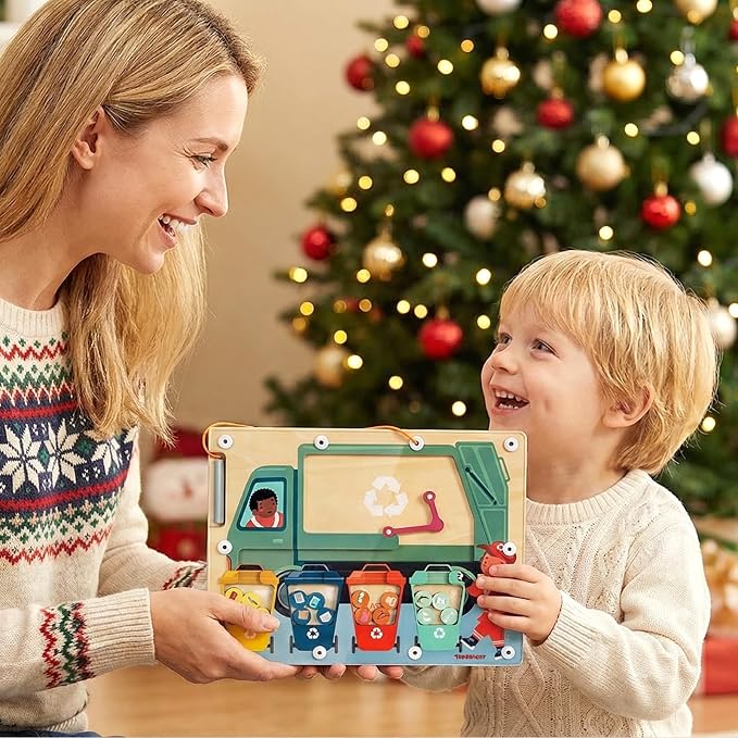 TOP BRIGHT Magnetic Garbage Sorting Maze Toy, Montessori Toy for Kids 2-5 | Wooden trash recycling game, Develop fine motor, STEM toy, Portable travel toy, Screen-free, Garbage truck toy gift