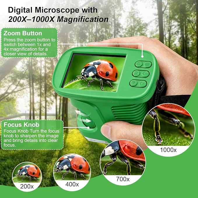 Kids Microscope,1000X HD Digital Handheld Mini Microscope 2.4" IPS Screen | Microscope for Kids, Mini Pocket Microscope for Children Birthday Gift, Science Education Fun for Boys Girls Ages 4-12 Green