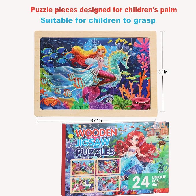 Wooden Puzzles for Kids Ages 4-6, 4 Packs 24 PCs Unicorn Mermaid Princess Fairy Jigsaw Puzzles, Preschool Educational Brain Teaser Toys for Girls 3 4 5 6 Years Old