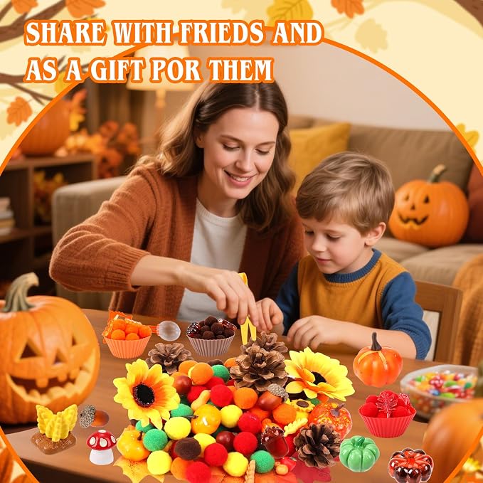 Fall Sensory Bin Fillers-327Pcs Fall Thankgiving Fine Motor Items with Pom Poms Pumpkins Maple Leaves Squirrels Cup for Counting Sorting Training