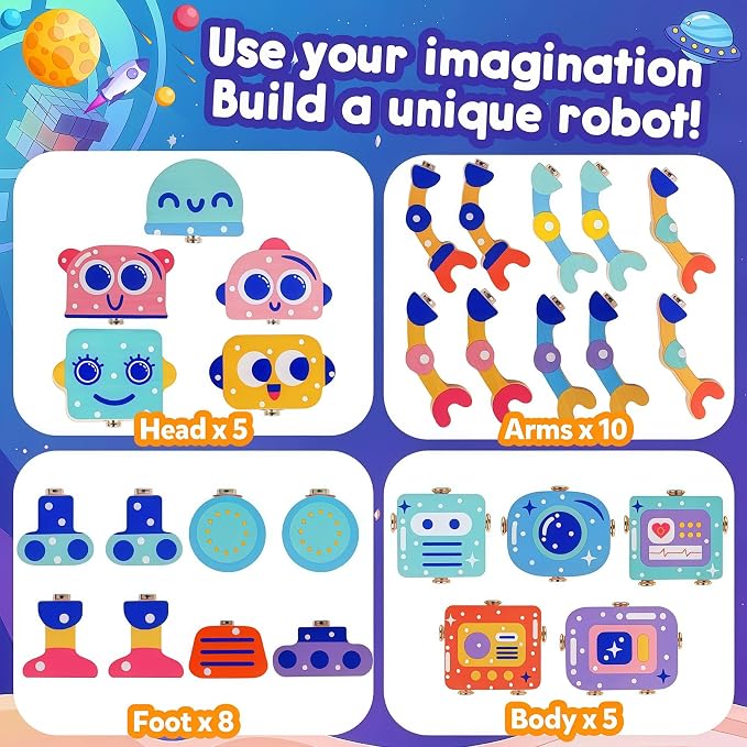 Robot Toys for Kids 3-5,Montessori Wooden Learning Toy with Take Apart Features Robots,STEM Educational Play Fine Motor Games for Boys Girls