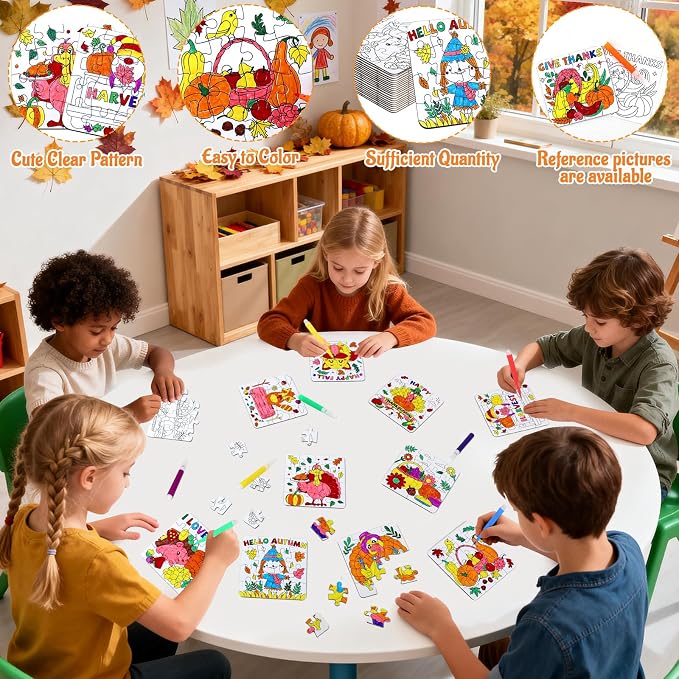 Thanksgiving Fall Arts & Crafts for Kids Autumn DIY Party Favors Puzzle Kit | 24Pcs Fall Craft Jigsaw Pumpkin Turkey, Thanksgiving Harvest Activities Classroom Gift School Coloring Game Toy Supplies Bulk