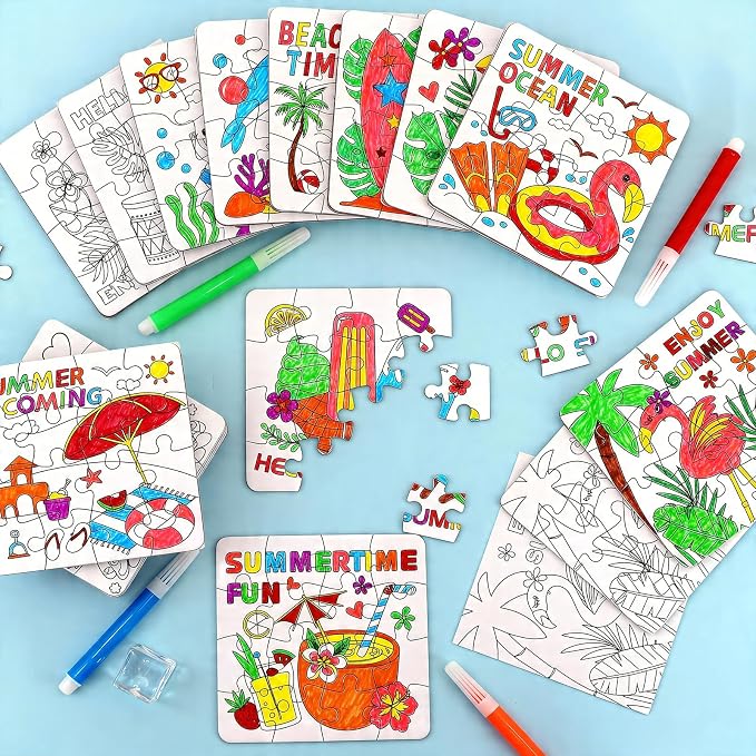 24 Set Summer Crafts for Kids Adults Bulk, Hawaiian Summer Activities DIY Puzzle Kit with Beach Tropical Palm Tree, Luau Ocean Theme Art Painting for Classroom Party Favors Gift Coloring Game Supplies