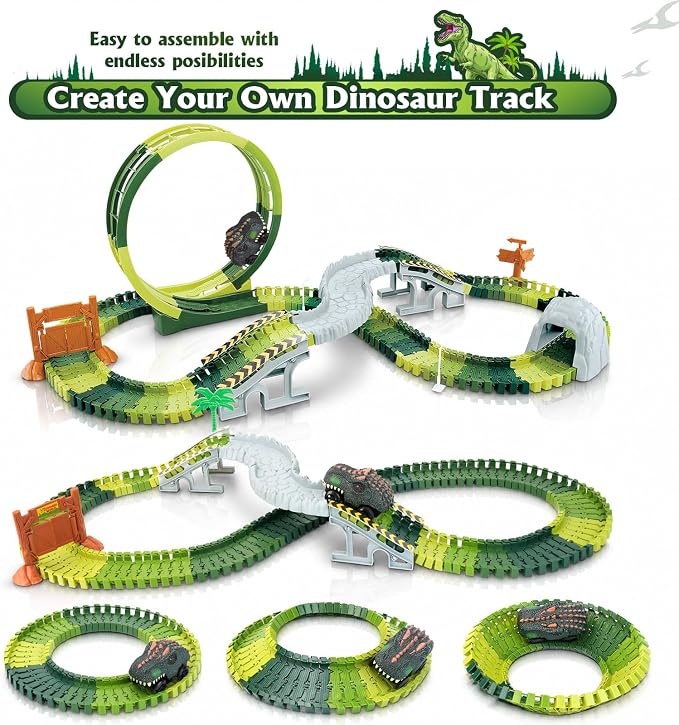 Coroiesty 173 PCS Dinosaur Race Tracks for Kids Toys with 360° Loop Ramp | Glow in The Dark Magic Toy Set, 1 Dino Car Track, 2 Realistic Dinosaurs, Flexible DIY Track Set, Gift for Boys Girls Age 3-9
