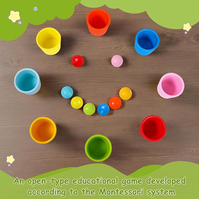 Rainbow Balls in Cups Toddler Montessori Toys (8 Balls, 1.4 in) | Color Sorting Toys for Toddlers for 3 Year Old Up, Learning Color Sorting and Counting, Kids Preschool Wooden Matching Games