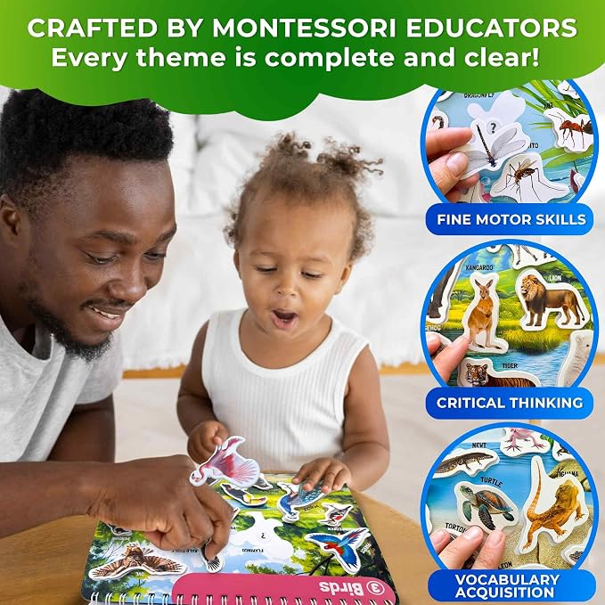 Montessori Busy Book for Kids Ages 4-8 — My Preschool Toddler Busy Book 3-5 | Velcro Pre K Toddler Learning Busy Book for Homeschooling — 15 Kids Educational Animal — 15 Activities with 178 Elements
