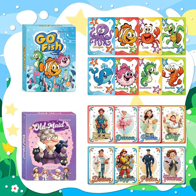 Card Games for Kids: Go Fish, Old Maid, Slap Jack, and Memory Match — 4 Decks in 1 Pack. Classic Kids Card Games for Family Game Night, Perfect for Toddlers, Kids