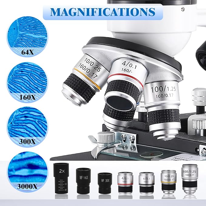 Compound Binocular Microscopes 64X-6000X with Electric Len, Microscope for Adults Kids Students, 4 Objective Lens, Biological Microscope Kit for School, Lab