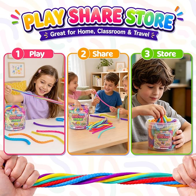 Fidget Sensory Stretchy Toys for Kids, 24-Pack Textured Stretch Noodles with Storage Bucket, Sensory Toys for Autism Stress Relief, Quiet Calm Down Gifts for Classroom Prizes Party Favors, Travel Toys