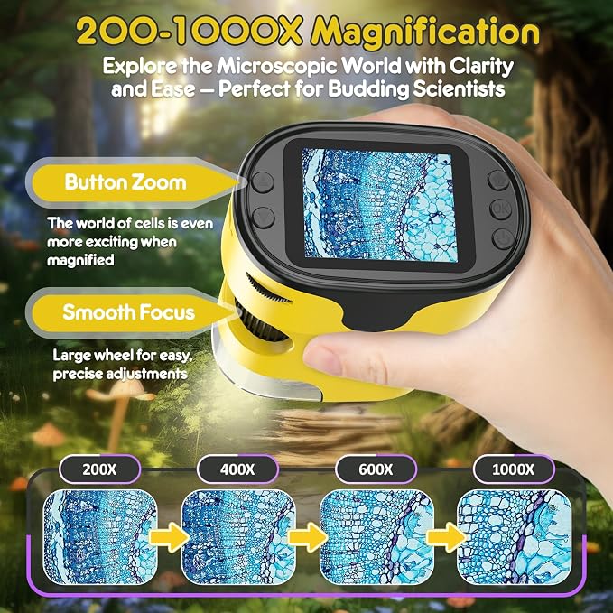 Kids Digital Microscope Science Gift: Complete STEM Toy Kit for Ages 4-12 | 32GB Card for Photos & Video / Custom EVA Case / Real Glass Slides / Upgraded 3mm Slide Slot / 2.5H Rechargeable Use