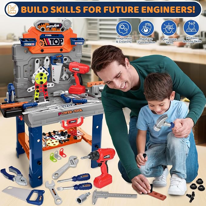 Kids Tool Bench with Electric Drill, Toddler Tool Set for Boys Ages 3-5 6-8 | 132 Pcs Kids Tool Set with Toddler Tool Box & Tool Bench, Christmas Birthday Gifts Toys for Boys Ages 3 4 5 6 7 8+ (Orange)
