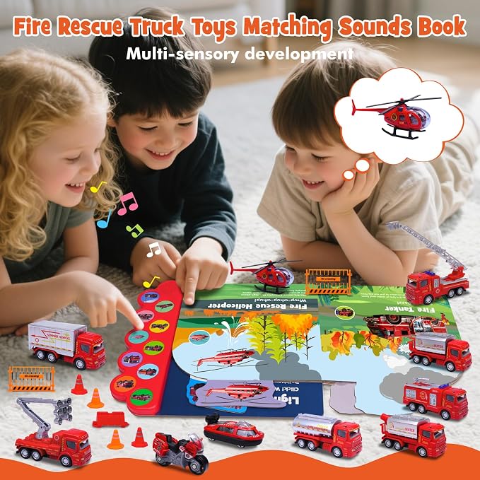 iGRATENS Fire Truck Toys with Sounds Book, 10 Alloy Toy Trucks | Fire Vehicle Board Book with 10 Buttons, Realistic Sound Effects, Exquisite Illustrations, Great for Little Truck Lovers Kids