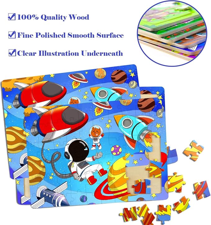 Puzzles for Kids Ages 4-6, 6 Pack 60 PCs Wooden Jigsaw Puzzles | Puzzles for Kids Ages 3-5, Preschool Educational Learning Toys, Birthday Gifts Set for Boys and Girls, Screen-Free Play
